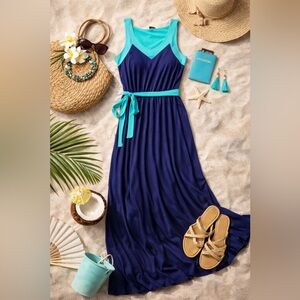 Faded Glory Maxi Dress XXL Blue Teal Colorblock Sleeveless Tie Waist Stretch